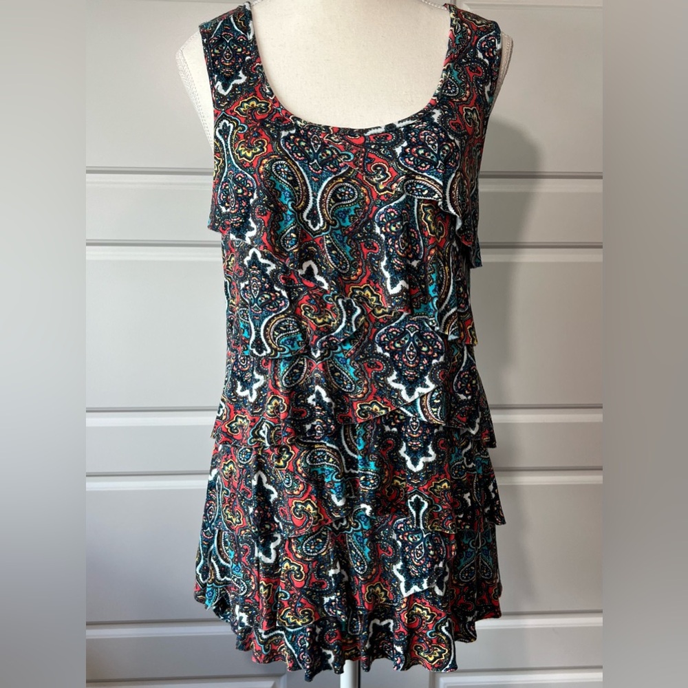 CB Paisley Ruffle Sleeveless Dress Colorful Print Casual Summer Party Medium